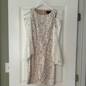 Xscape White and Cream Lace Long Sleeve Dress